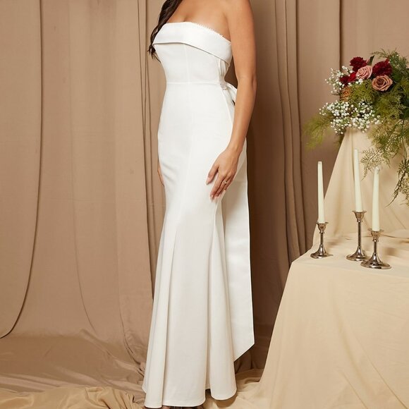 White Elegant Women's Tie Backless Tube Wedding Dress Bridal Dress - Picture 7 of 8